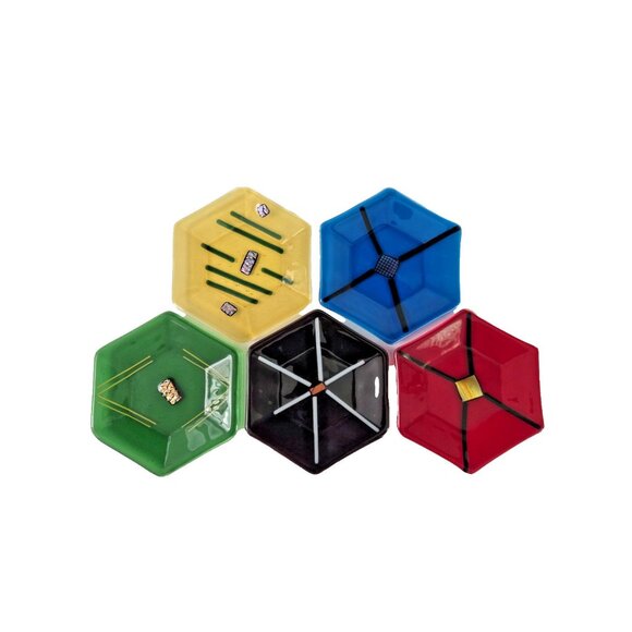 Set of 5 Fused Glass Hexagon Plates – Dichroic Art Glass Modern 6.25" Wide - Picture 1 of 12